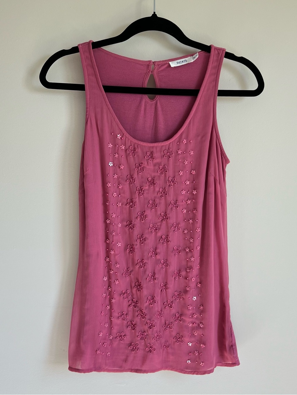 Y2K / Dairycore Ricki's Pink Beaded and Embroidered Floral Sleeveless Tank
